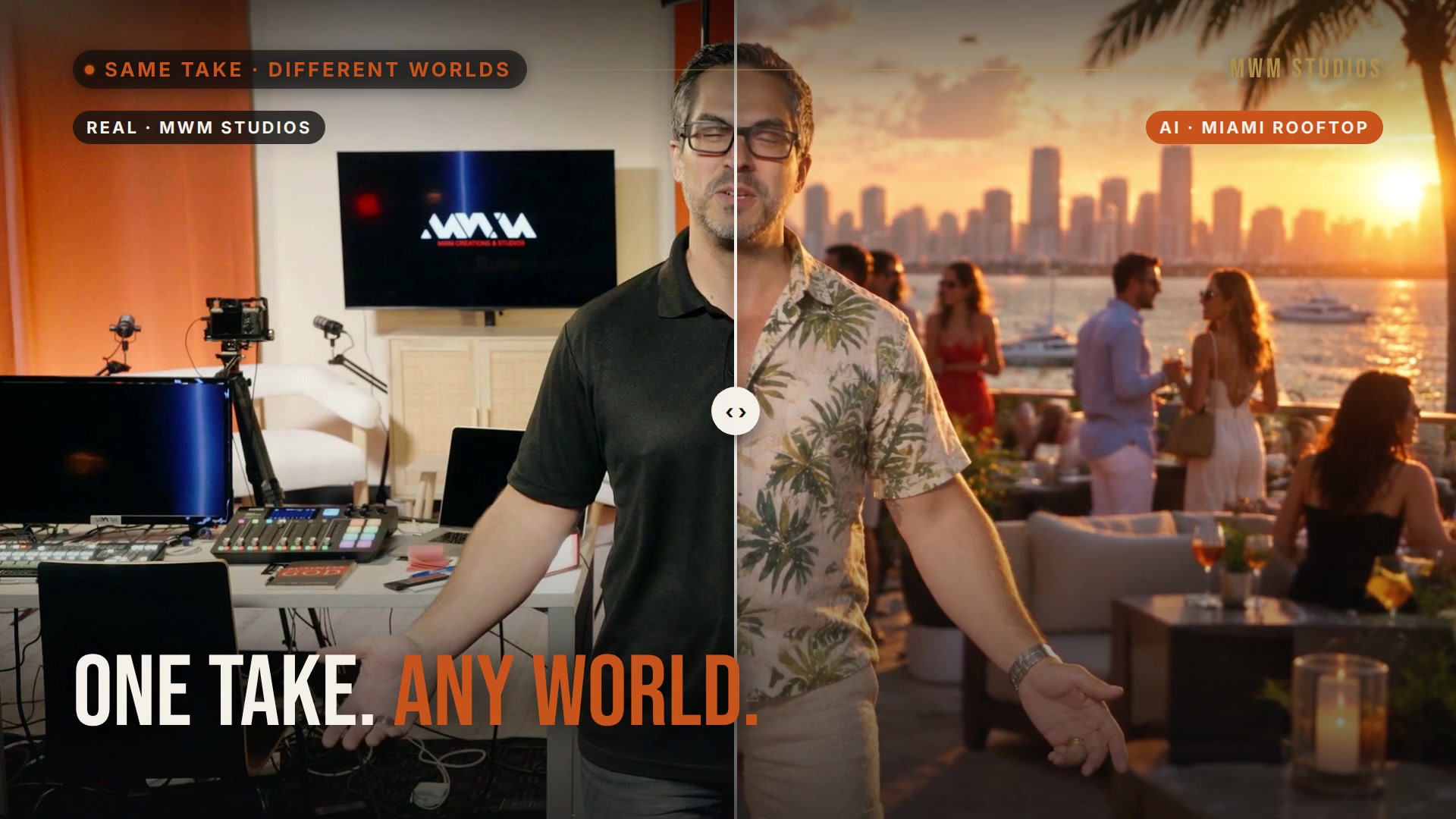 One take in the MWM studio, placed on an AI Miami rooftop