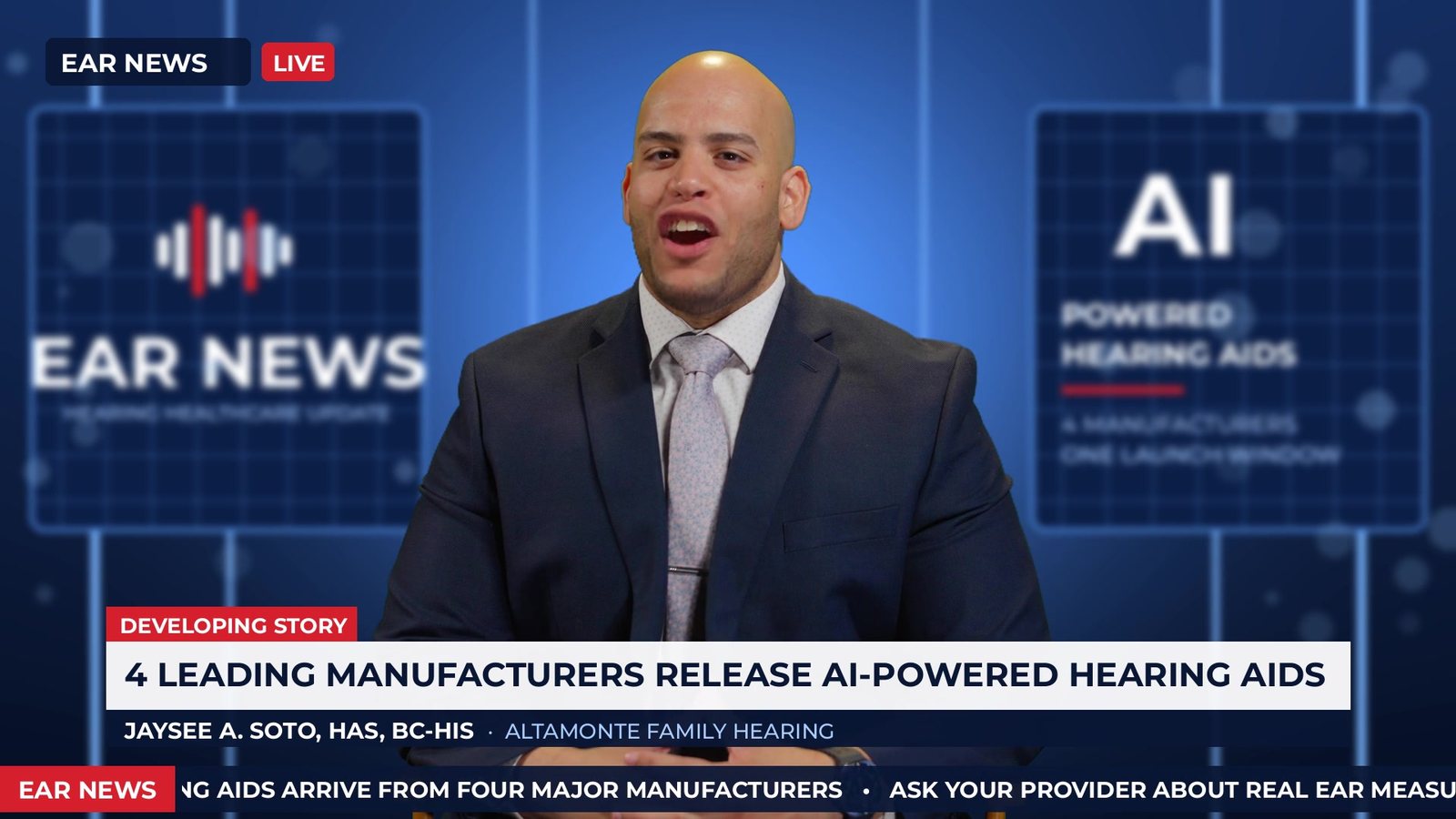 A news-style video: the host was filmed in our studio, AI replaced the background with a newsroom, and a headline bar, his name and a news ticker were added in front