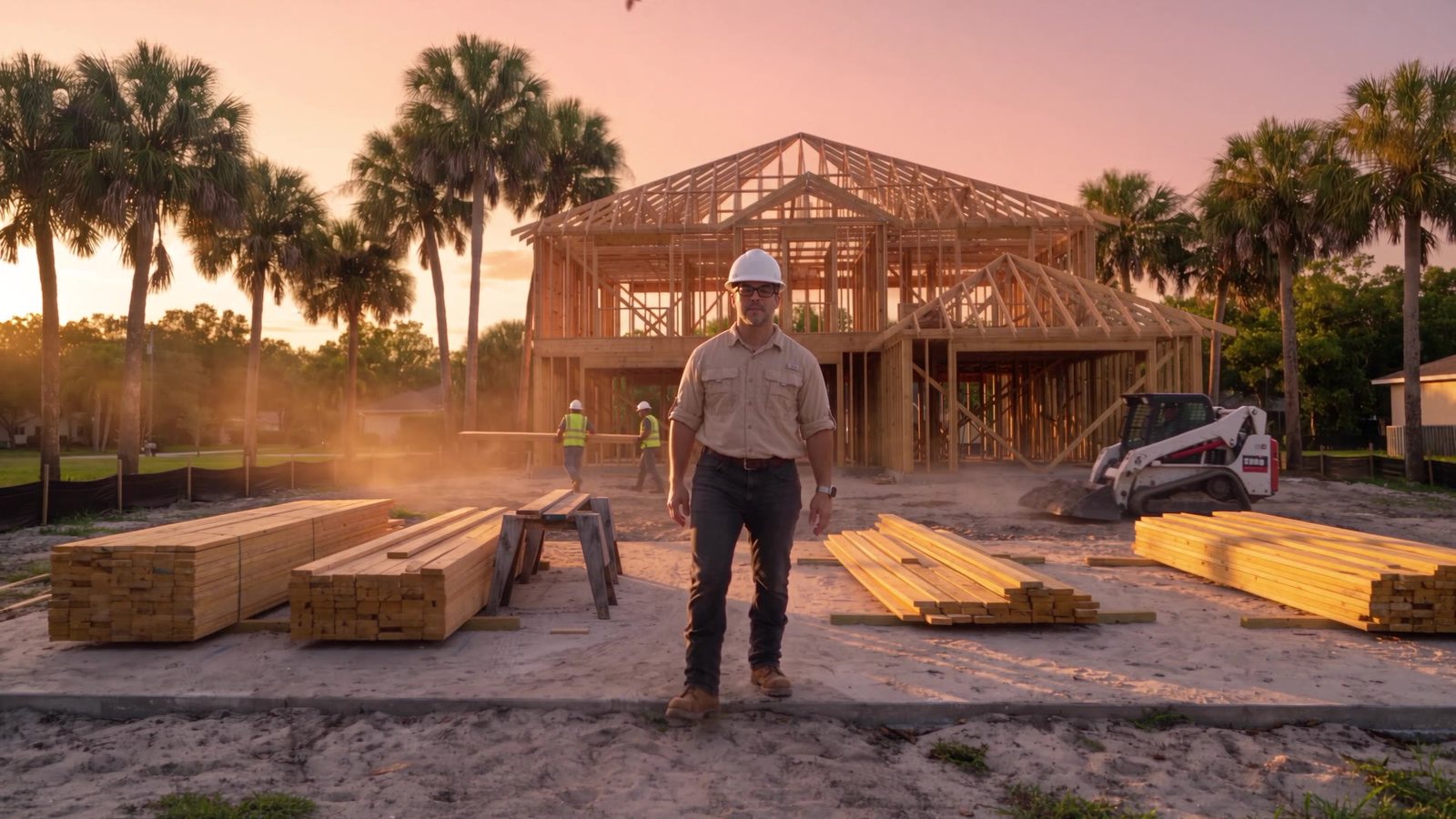 An AI Wall Spot: the same man now wears a hard hat and work clothes on a construction site, with workers and machines behind him